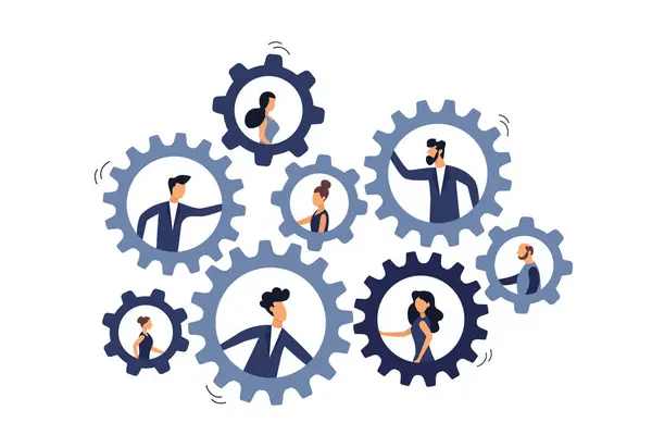 İşadamları bağlı dişli çarkları döndürmeye çalışıyor. Takım veya organizasyon, ofis rolü veya iş pozisyonu veya şirket sürme becerisi, takım çalışması konsepti.