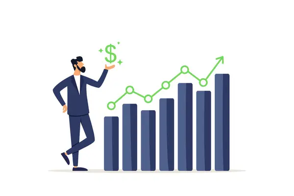 Confident businessman hold dollar with growth chart. Sales person, marketing or investment professional, growth planning or success financial advisor concept.