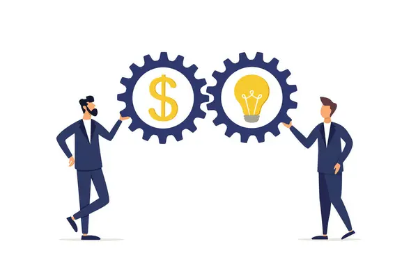 Business people connect equipment, mechanisms with a bulb and a dollar sign. New applications and activations in the production business, development or concept of the organization in achieving success