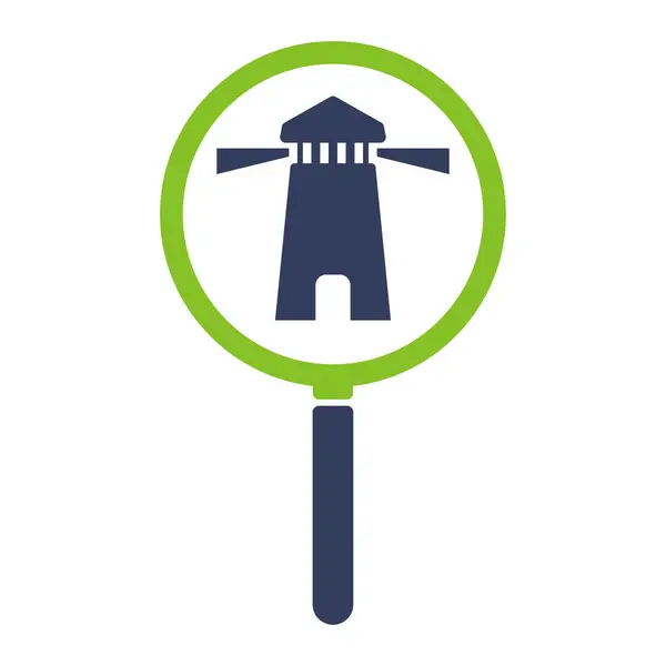Magnifying glass icon with lighthouse. Illustration