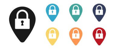 Güvenlik kilidi, anahtar deliği konsept vektör simgeleri ayarlandı. Haritada işaretle. Görüntü