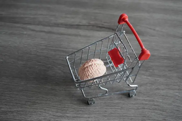 A human brain inside shopping carts. Consumer behavior, impulse buying and shopping addiction concept.