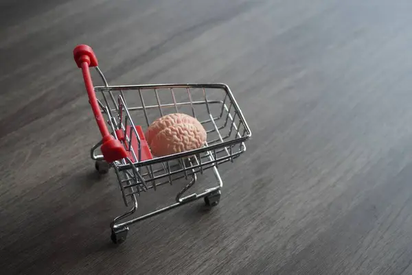 A human brain inside shopping carts. Consumer behavior, impulse buying and shopping addiction concept.