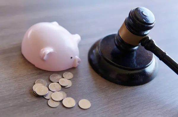 Closeup image of judge gavel and piggy bank. Bankruptcy, financial, insolvency concept.