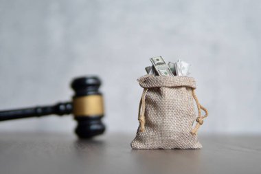 Bir çanta dolusu para ve Yargıç Tokmak 'ı yakından çek. Dava, açık artırma, rüşvet ve ceza konsepti.