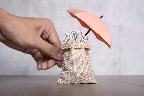 Hand holding umbrella protecting bag of money. Financial safety, income protection insurance concept.