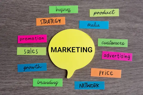 Renkli yapışkan notla çevrili metin MARKETING ile konuşma baloncuğunun üst görünümü. Pazarlama planı konsepti.