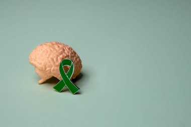 Beynin yakın plan görüntüsü ve yeşil kurdele. Uzayı metin için kopyala. Zihinsel sağlık farkındalığı kavramı.