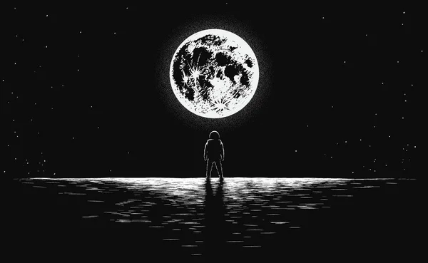 Astronaute Regarde Lune Depuis Terre Veut Voler Illustration Vectorielle — Image vectorielle