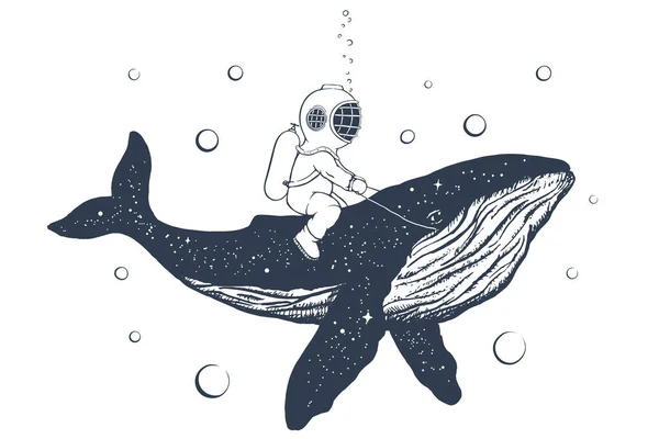 Plongeur Nage Sur Baleine Dans Mer Style Artisanal Illustration Vectorielle — Image vectorielle