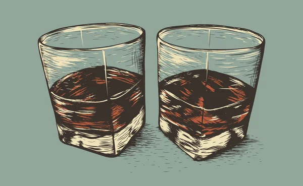 Dois Copos Com Rum Old Style Hand Desenhado Work Vector —  Vetores de Stock