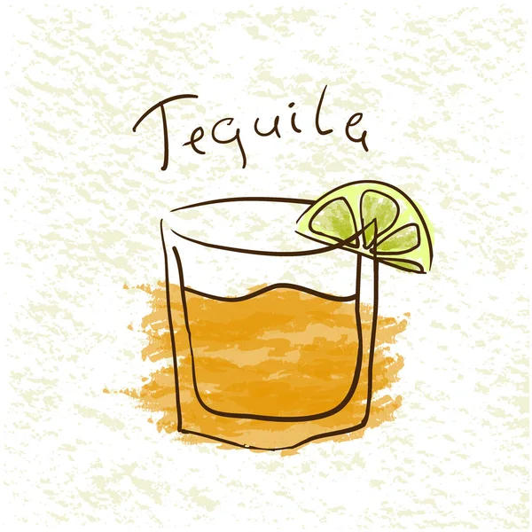 Verre Tequila Avec Chaux Photographiée Par Aquarelle Sur Fond Papier — Image vectorielle