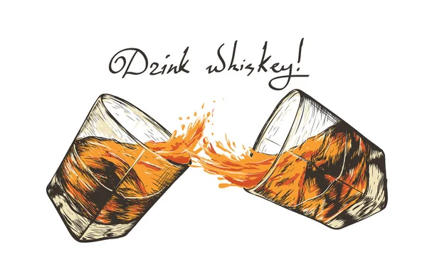 Dua Gelas Dengan Whiskey Hand Gaya Ditarik Desain Peminum Alkoholik - Stok Vektor