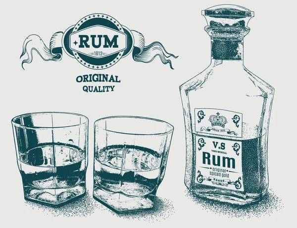 アルコール ボトル ラム酒のロゴの2つのガラス 強いアルコール飲料の広告のためのデザイン ベクターイラスト — ストックベクタ