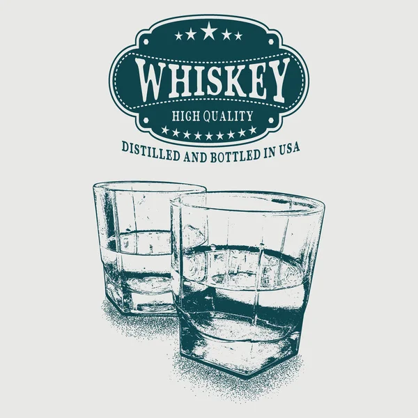 ウイスキーのロゴと2杯の飲料をスケッチします 手描きベクトルイラスト 強いアルコールの広告 — ストックベクタ