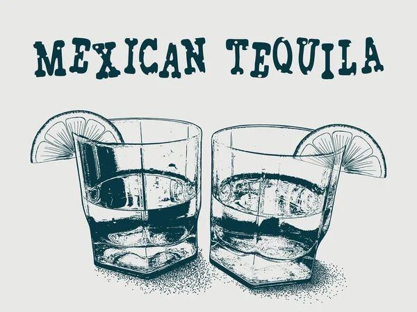 Skiss Tequila Logotyp Och Två Glas Dryck Handritad Vektor Illustration — Stock vektor