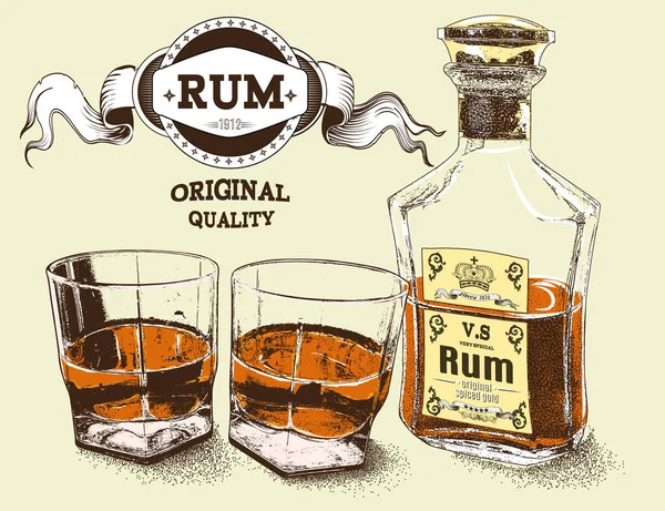 Dois Stemware Rum Com Bootle Vector Ilustração — Vetor de Stock