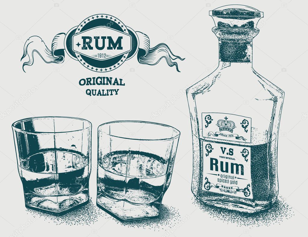 Two glasses of alcohol, bottle and rum logo. Design for advertising of strong alcoholic drink. Vector illustration