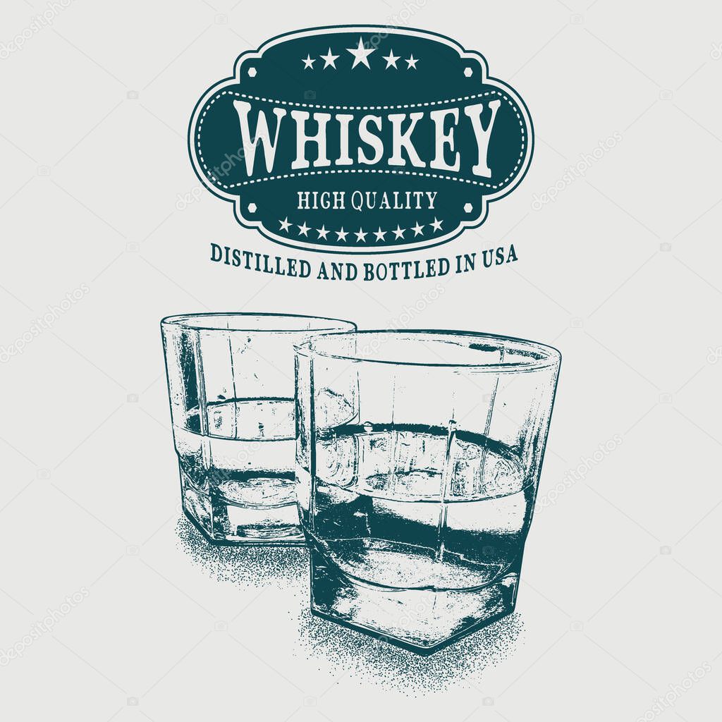 Sketch Whiskey logo and two glasses of beverage. Hand drawn vector Illustration. Advertising of strong alcohol