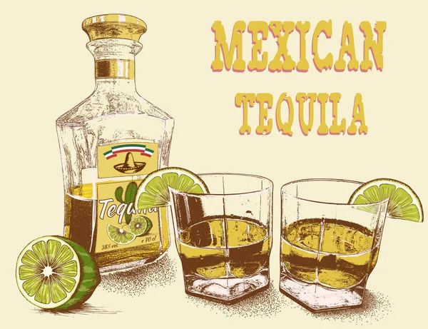 Dos Vasos Tequila Con Botella Lima Cartel Vintage Ilustración Vectorial — Vector de stock