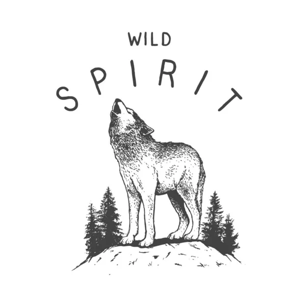 Wolf Ουρλιάζοντας Στο Φεγγάρι Στο Δάσος Σχεδιασμός Του Vintage Λογότυπου — Διανυσματικό Αρχείο