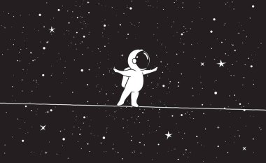 Şirin astronot uzayda ipte yürüyor. Vektör illüstrasyonu.