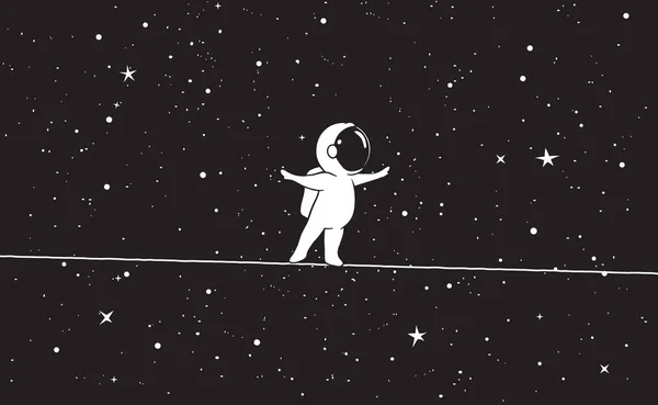 Mignon Astronaute Marche Sur Une Corde Étroite Dans Espace Illustration — Image vectorielle