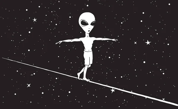 Extraterrestre Bonito Caminha Uma Corda Apertada Espaço Ilustração Vetorial — Vetor de Stock