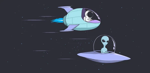 Astronauta Corse Aliene Dischi Volanti Astronavi Illustrazione Vettoriale — Vettoriale Stock