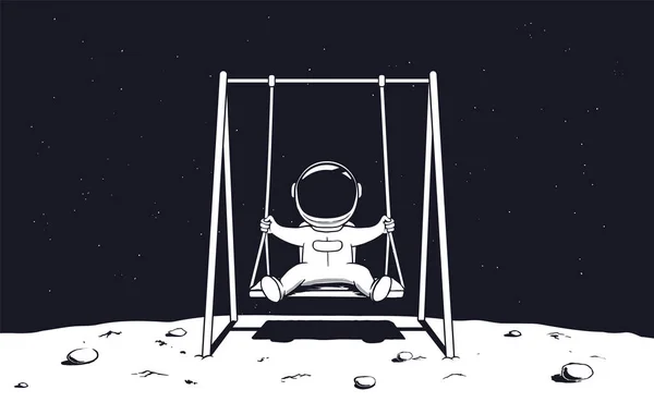 可爱的男孩宇航员在月亮边的一把锯子上荡秋千 — 图库矢量图片
