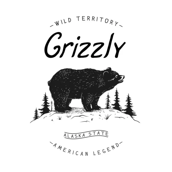 Logo Vintage Dessiné Main Avec Ours Grizzly Illustration Vector Design — Image vectorielle