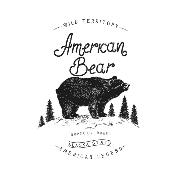老标签 森林中的熊 复古风格 T恤衫的印刷矢量设计 矢量图形