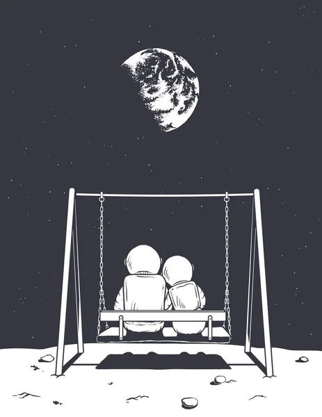 星空の下で揺れる宇宙飛行士の少女と少年に感化され 月から地球に見えます — ストックベクタ