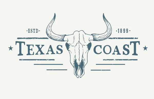 德克萨斯海岸 带有公牛头盖骨的西方标志 印刷品矢量设计 图库插图