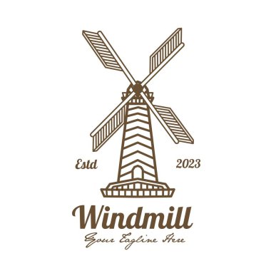 Windmill vintage line art outline logo, simple electricity technology.