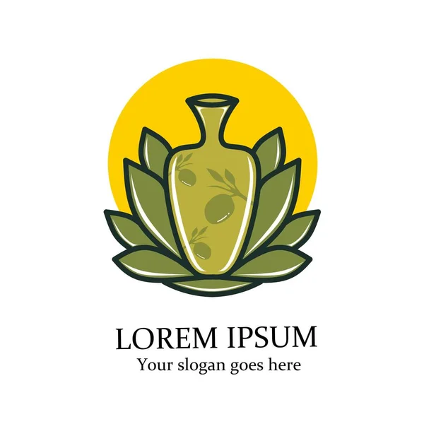 Kil Kavanozu Sürahi Logo Çizimi Doğal Yapraklarla Zeytinyağının Karışımı — Stok Vektör