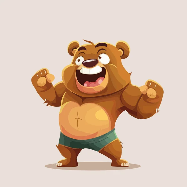 Vektor Karikatura Legrační Hnědý Medvěd Znak Silnými Svaly Ukazující Biceps — Stockový vektor