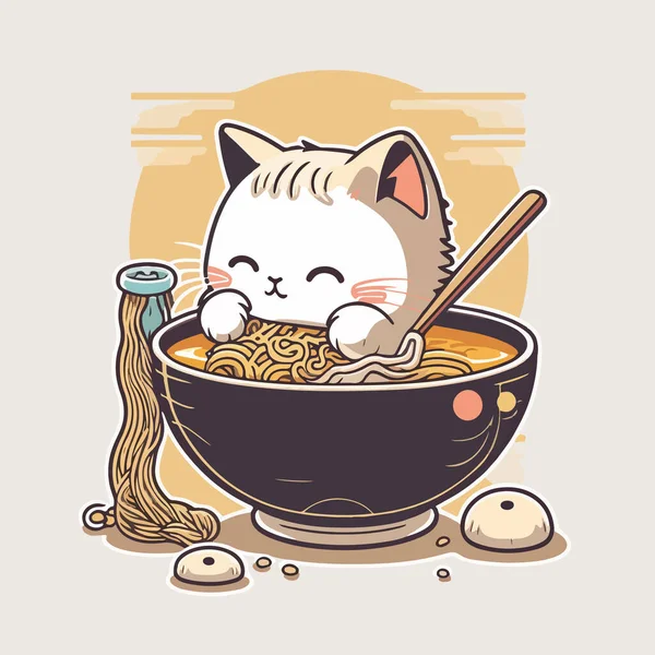 Friendly Japanese Cat Eating Ramen Cheerful Friendly Vector Graphics — Stock Vector