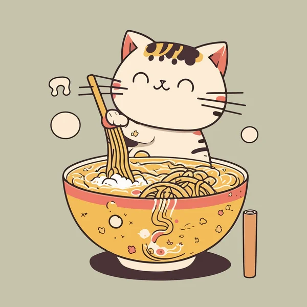 Friendly Japanese Cat Eating Ramen Cheerful Friendly Vector Graphics — Stock Vector