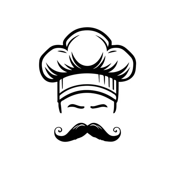 Illustration Noir Blanc Chef Moustachu Dans Chapeau Logo Vectoriel Simple — Image vectorielle