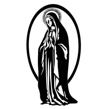 Virgin Mary, Our Lady. Hand drawn vector illustration. Black silhouette svg of Mary, laser cutting cnc. clipart