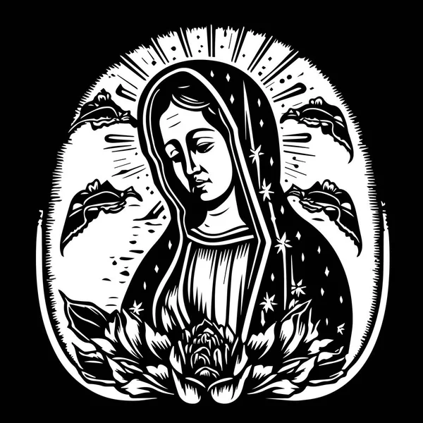 Vierge Marie Notre Dame Illustration Vectorielle Dessinée Main Silhouette Noire — Image vectorielle
