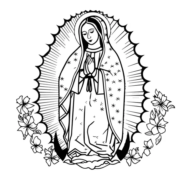 Vierge Marie Notre Dame Illustration Vectorielle Dessinée Main Silhouette Noire — Image vectorielle