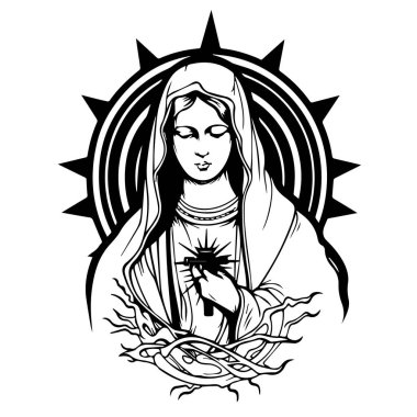 Virgin Mary, Our Lady. Hand drawn vector illustration. Black silhouette svg of Mary, laser cutting cnc. clipart