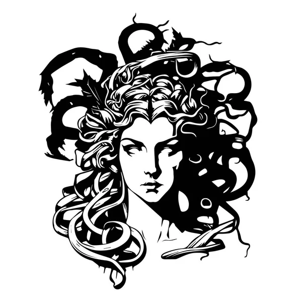 stock vector Ancient greek Gorgon Medusa, woman head logo. Vector illustration of female face. Silhouette svg, only black and white.