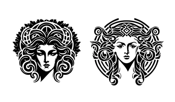 Starożytna Grecka Meduza Gorgona Kobiece Logo Głowy Wektorowa Ilustracja Kobiecej — Wektor stockowy