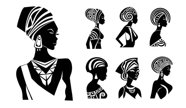 Αφρικάνα Εικονογράφηση Διάνυσμα Των Γυναικών Από Την Αφρική Ασπρόμαυρη Σιλουέτα — Διανυσματικό Αρχείο