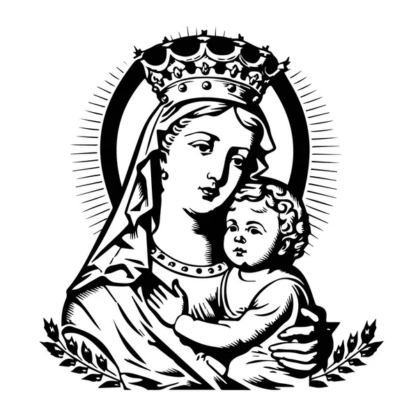 Virgin Mary Our Lady Hand Drawn Vector Illustration Black Silhouette — Stock Vector
