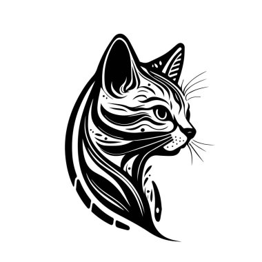 Beyaz arkaplandaki kedi basit siyah vektör resmi. Siluet svg vektör illüstrasyon hayvanı, lazer kesme cnc.
