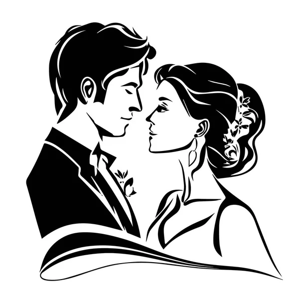 Весілля Молода Пара Закоханих Просто Одружився Чорний Векторний Шаблон Трафарет — стоковий вектор
